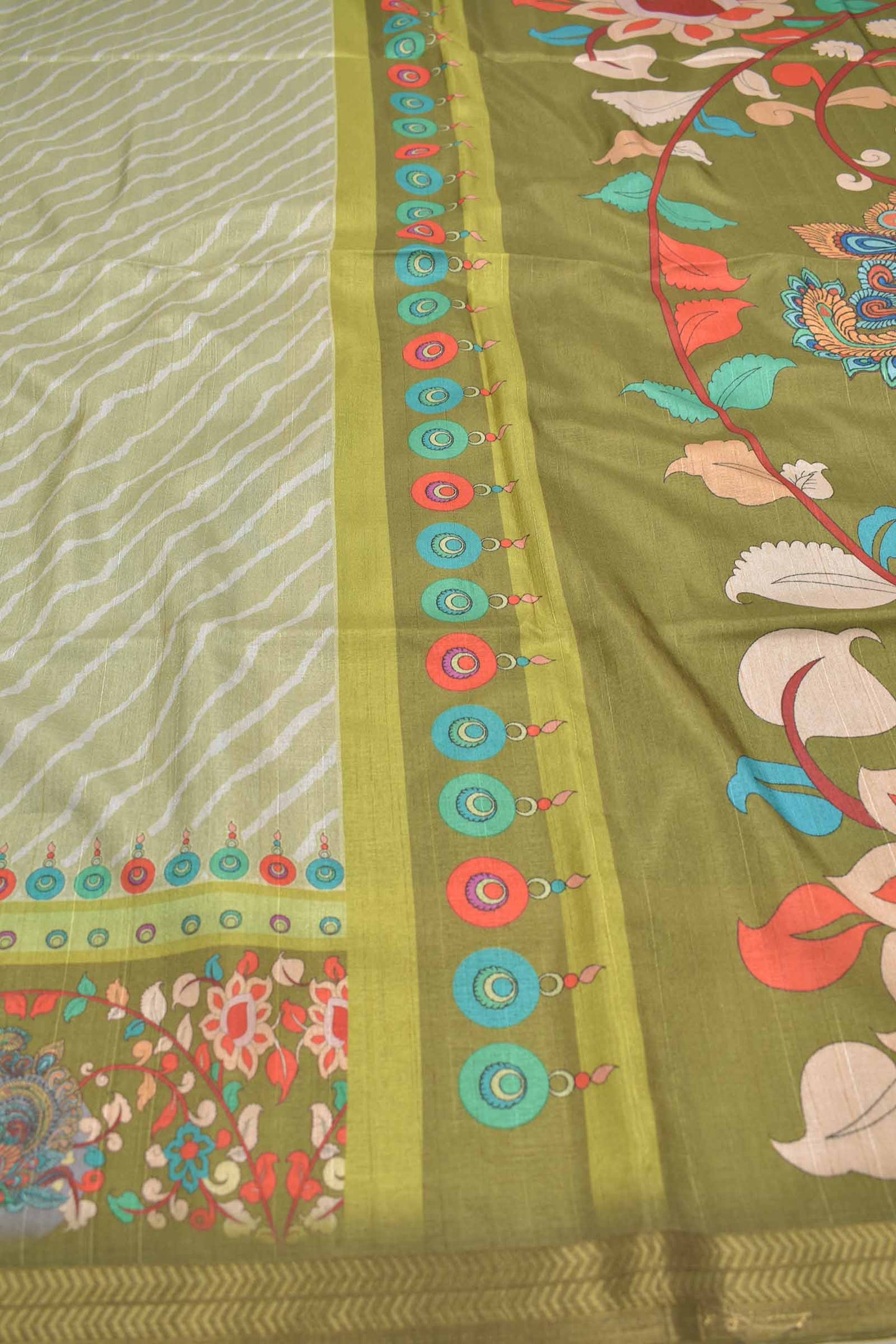 Light Green Semi Silk Leheriya Inspired Stripes Kalamkari Pallu Saree