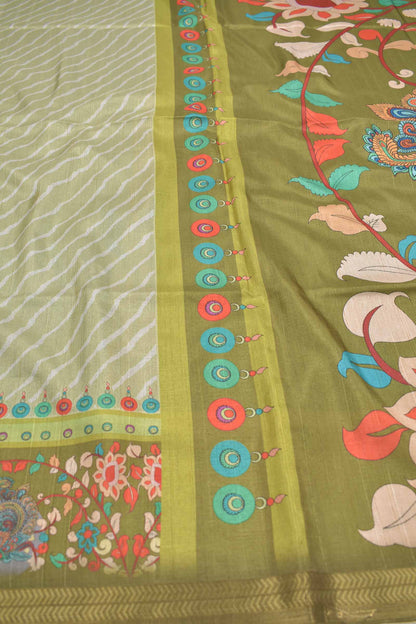 Light Green Semi Silk Leheriya Inspired Stripes Kalamkari Pallu Saree