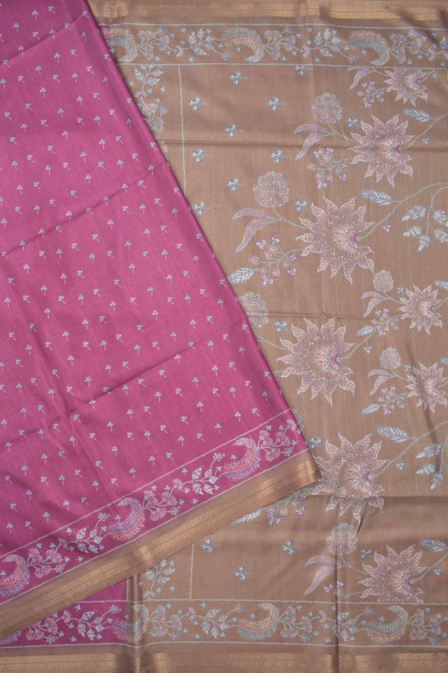 Wine Florals Semi Silk Golden Border Floral Pallu Saree