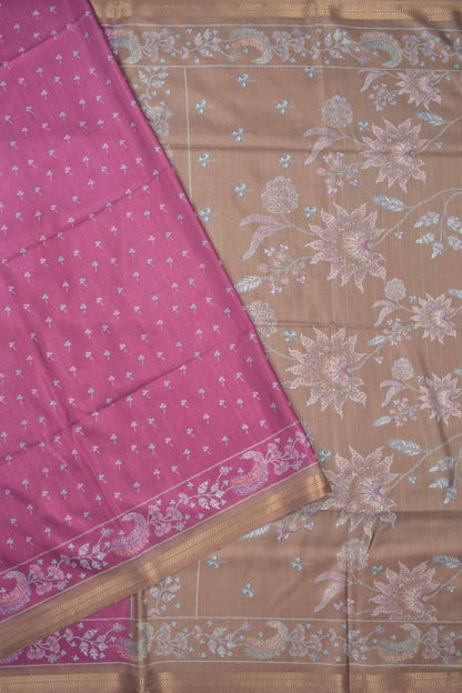 Wine Florals Semi Silk Golden Border Floral Pallu Saree