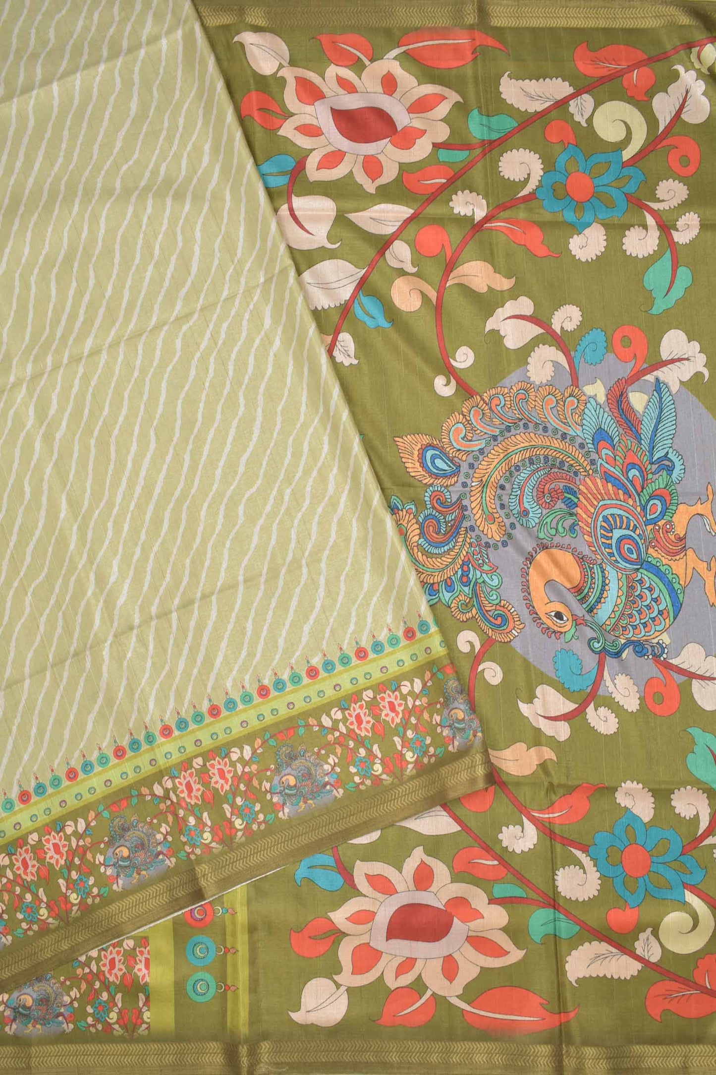 Light Green Semi Silk Leheriya Inspired Stripes Kalamkari Pallu Saree