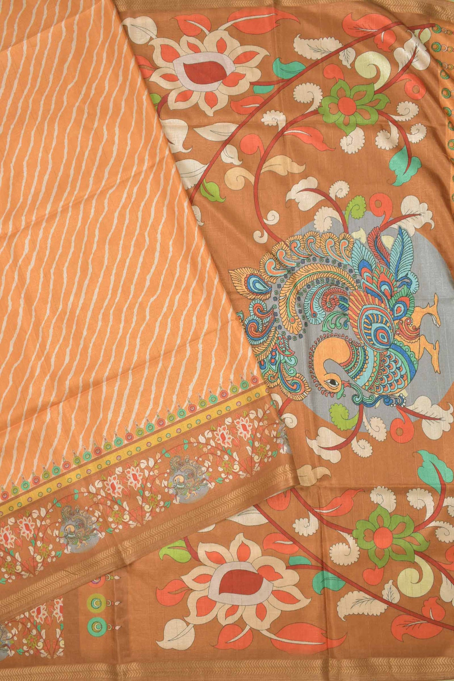 Orange Semi Silk Leheriya Inspired Stripes Kalamkari Pallu Saree