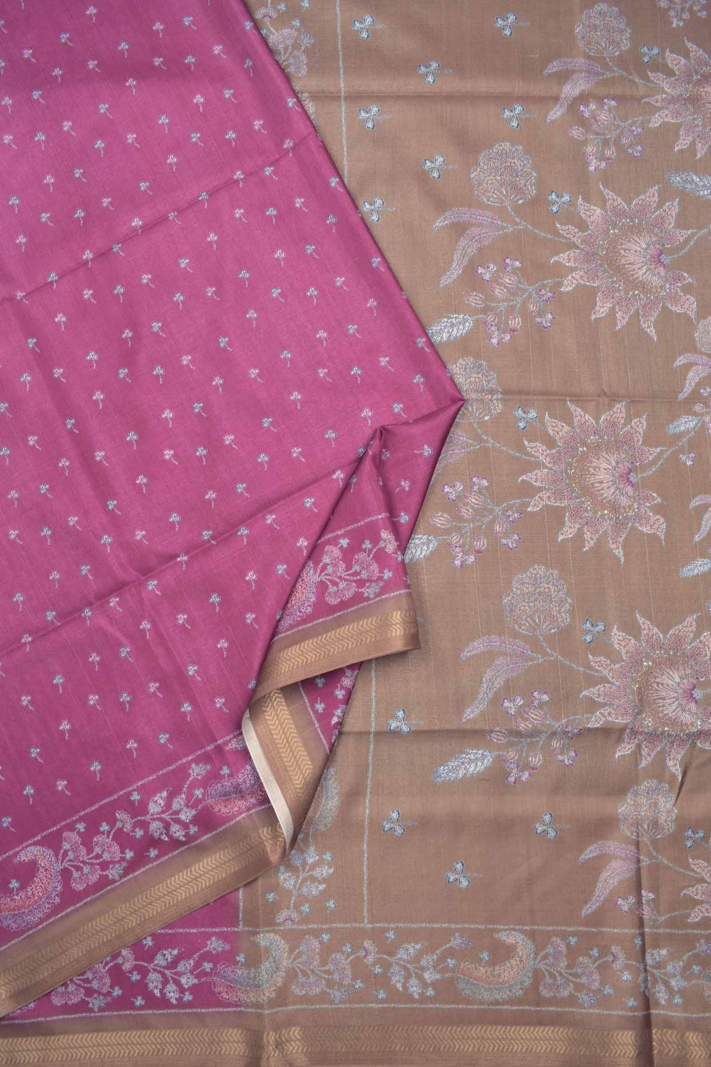 Wine Florals Semi Silk Golden Border Floral Pallu Saree