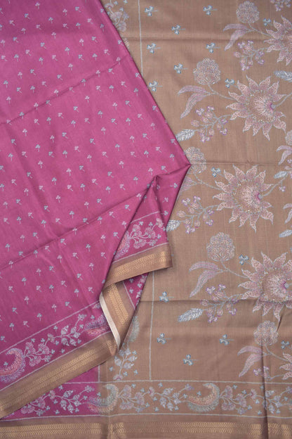 Wine Florals Semi Silk Golden Border Floral Pallu Saree