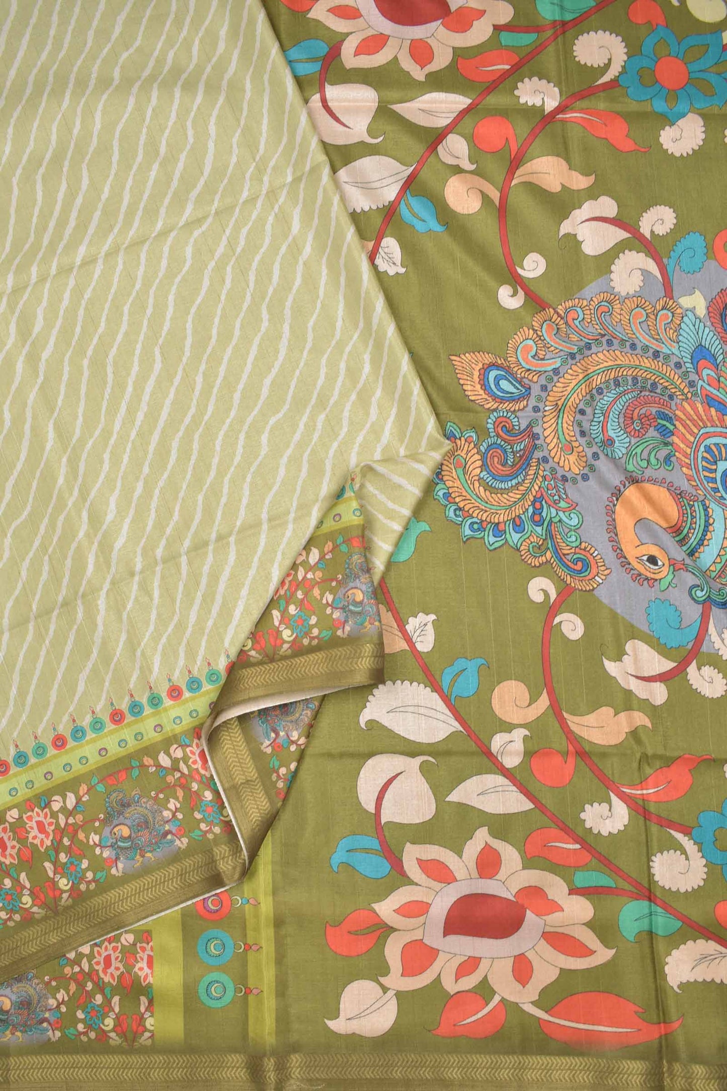 Light Green Semi Silk Leheriya Inspired Stripes Kalamkari Pallu Saree