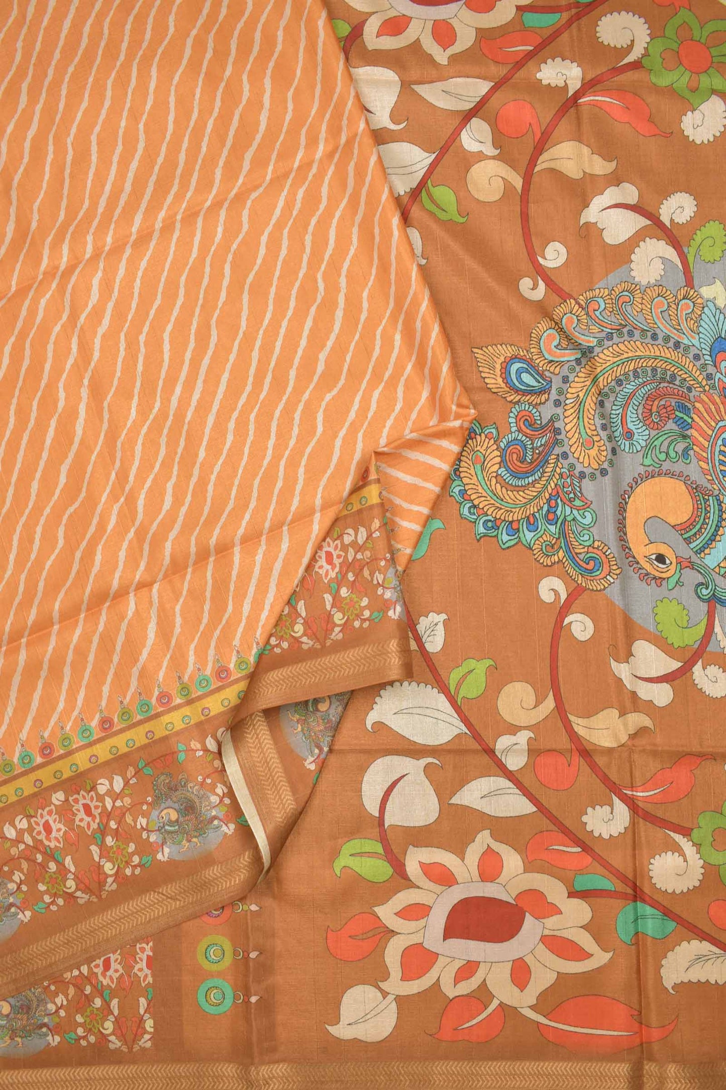 Orange Semi Silk Leheriya Inspired Stripes Kalamkari Pallu Saree