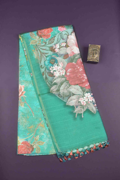 Green Floral Zari Border Semi Metalic Tissue Silk Saree