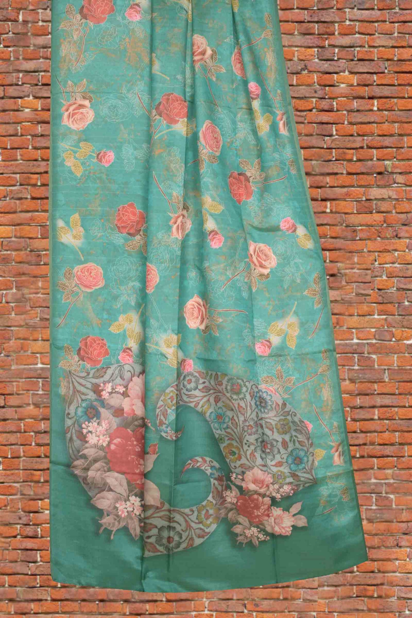 Green Floral Zari Border Semi Metalic Tissue Silk Saree