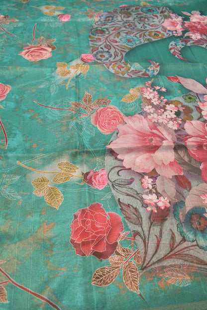 Green Floral Zari Border Semi Metalic Tissue Silk Saree