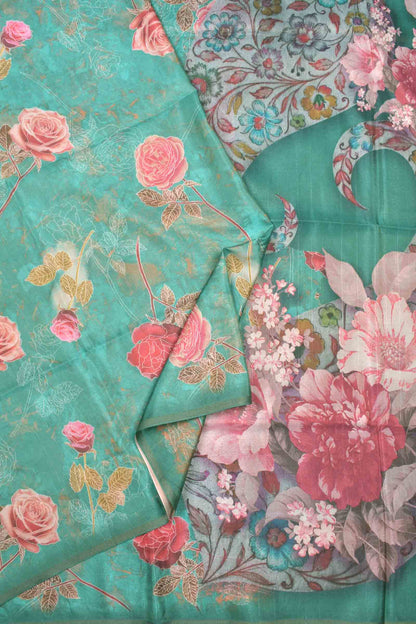 Green Floral Zari Border Semi Metalic Tissue Silk Saree