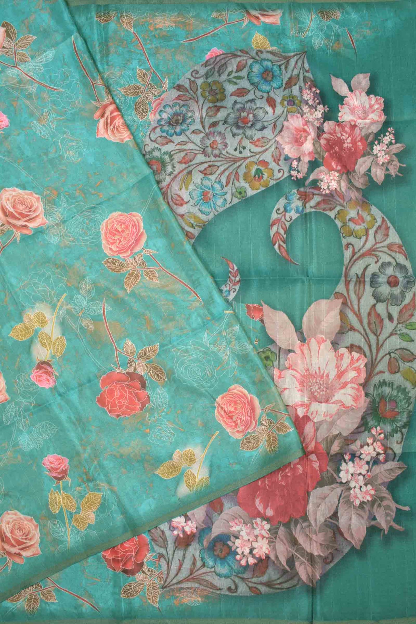 Green Floral Zari Border Semi Metalic Tissue Silk Saree