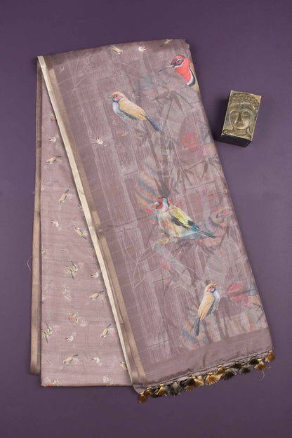 Metallic Grey Bird Land Malai Semi Silk Saree