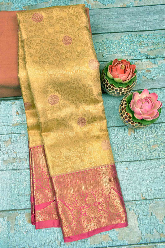 Golden Semi Silk Mini Contrast Florals Contrast Border Pallu Saree