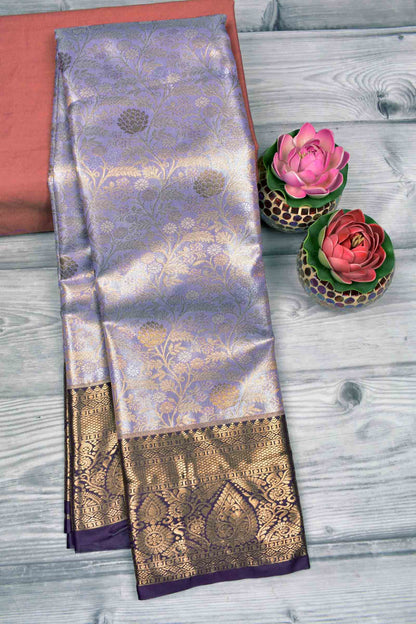 Light Voilet Semi Silk Intricate Floral Body Contrast Zari Border Pallu Saree