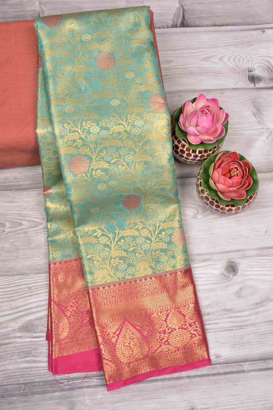 Light Green Semi Silk Rich Floral Body Contrast Zari Border Pallu Saree