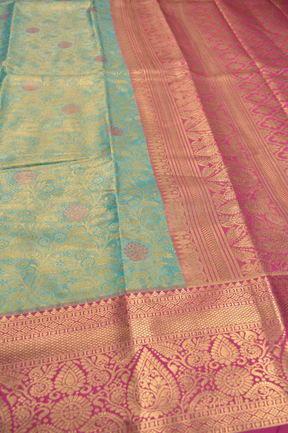 Light Green Semi Silk Rich Floral Body Contrast Zari Border Pallu Saree