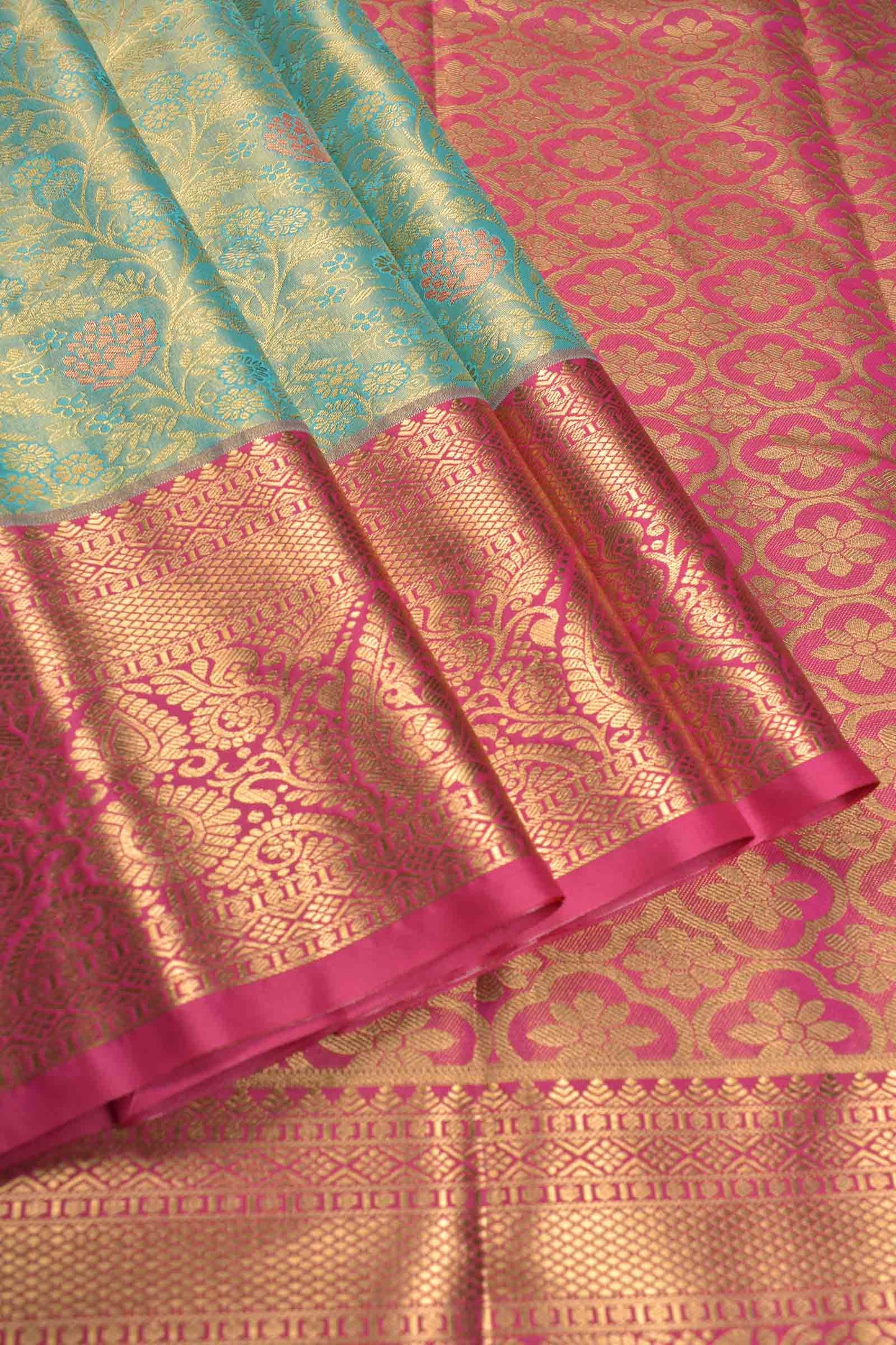 Light Green Semi Silk Rich Floral Body Contrast Zari Border Pallu Saree