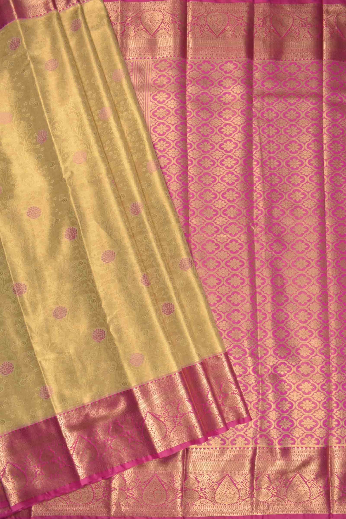 Golden Semi Silk Mini Contrast Florals Contrast Border Pallu Saree