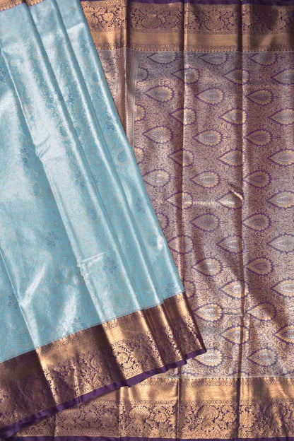 Light Blue Semi Silk Rich Floral Body Contrast Zari Border Pallu Saree