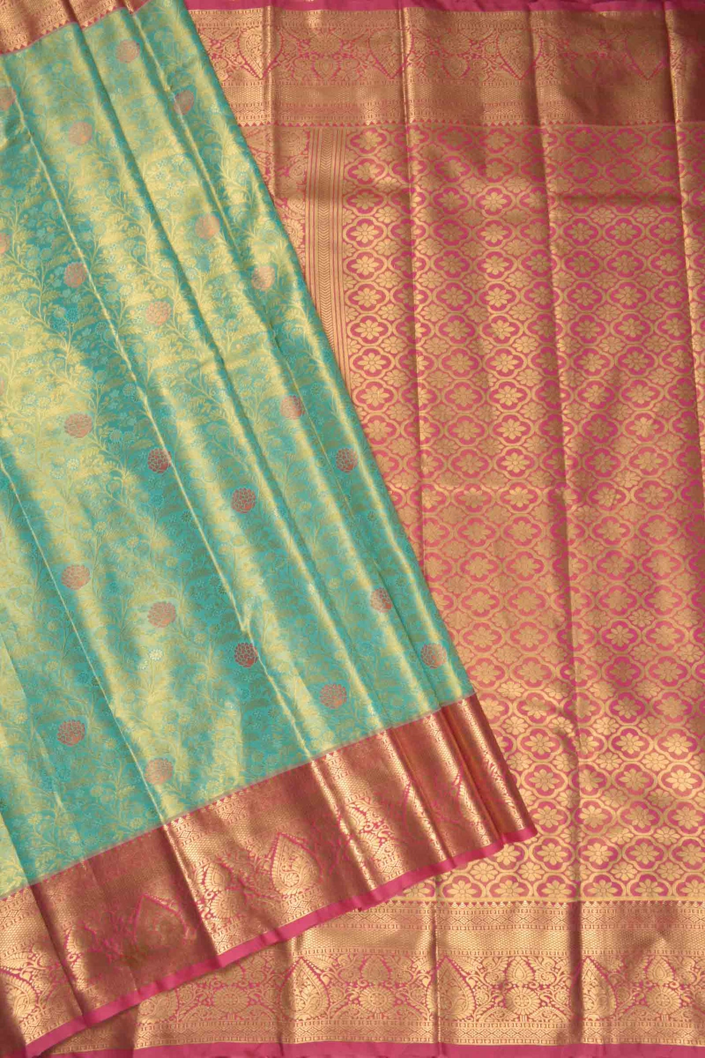 Light Green Semi Silk Rich Floral Body Contrast Zari Border Pallu Saree
