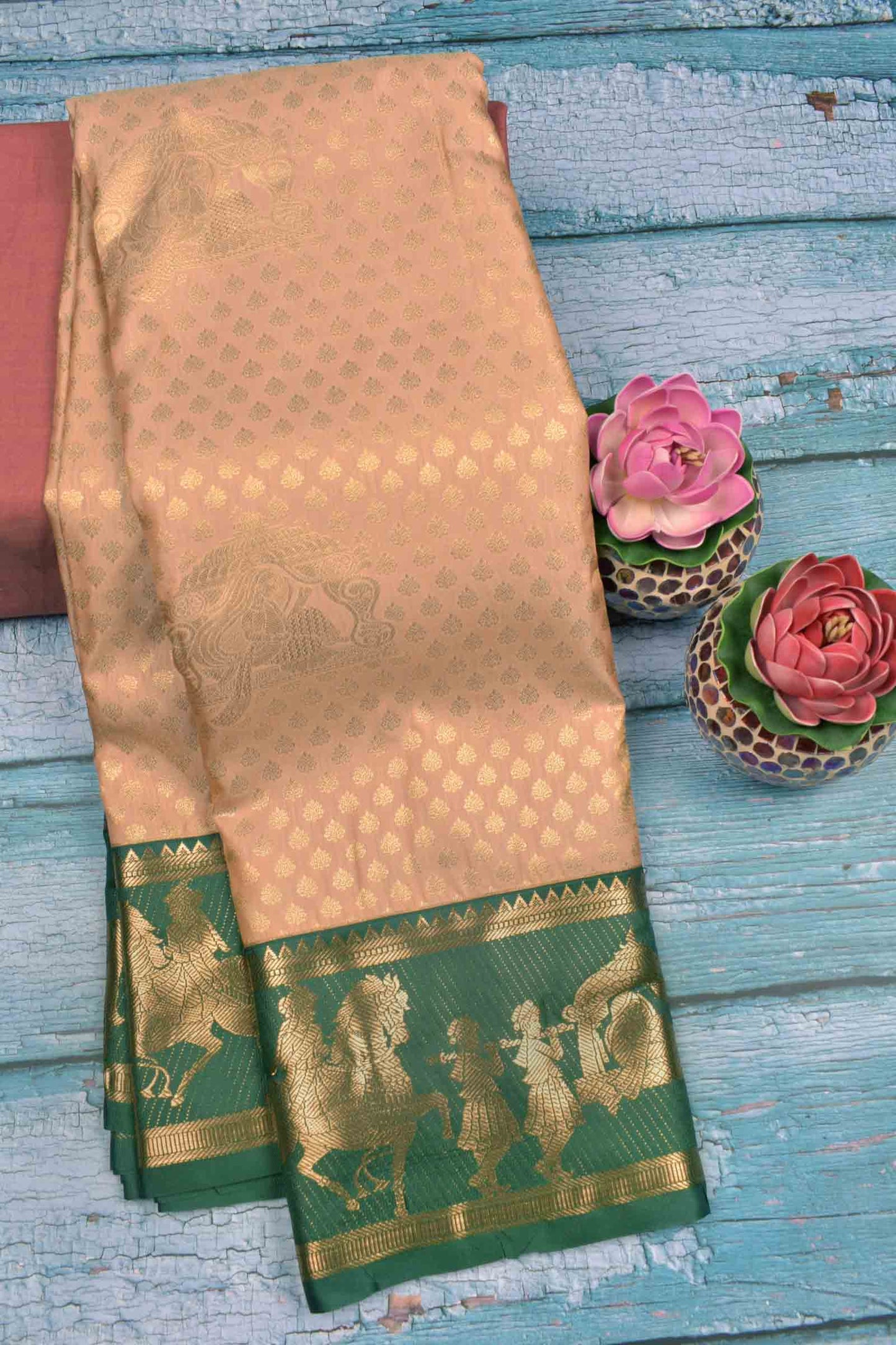 Light Pink Semi Silk Contrast Green Palanquin Border Pallu Saree