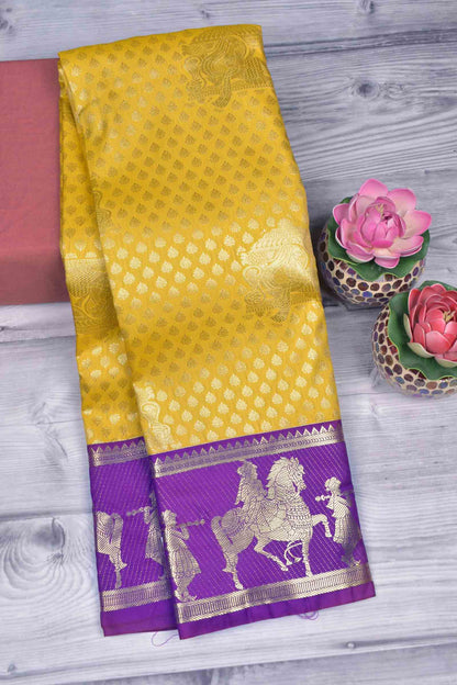 Golden Yellow Semi Silk Contrast  Palanquin Border Pallu Saree