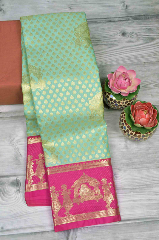 Golden Light Blue Semi Silk Contrast  Palanquin Border Pallu Saree