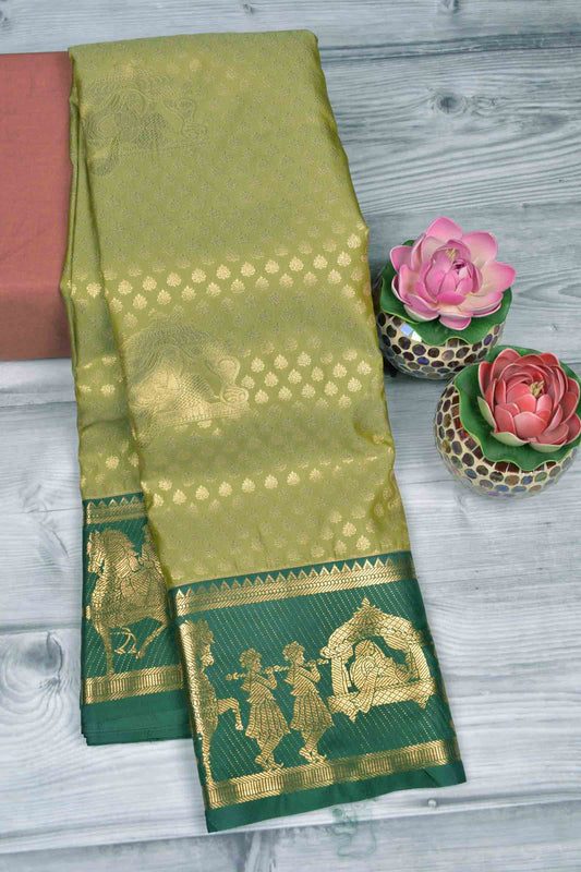 Golden Light Green Semi Silk Contrast Green Palanquin Border Saree