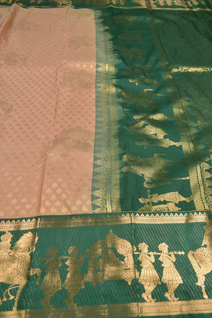 Light Pink Semi Silk Contrast Green Palanquin Border Pallu Saree