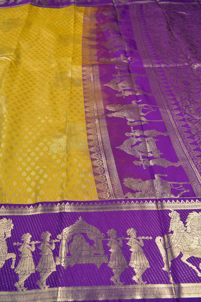 Golden Yellow Semi Silk Contrast  Palanquin Border Pallu Saree