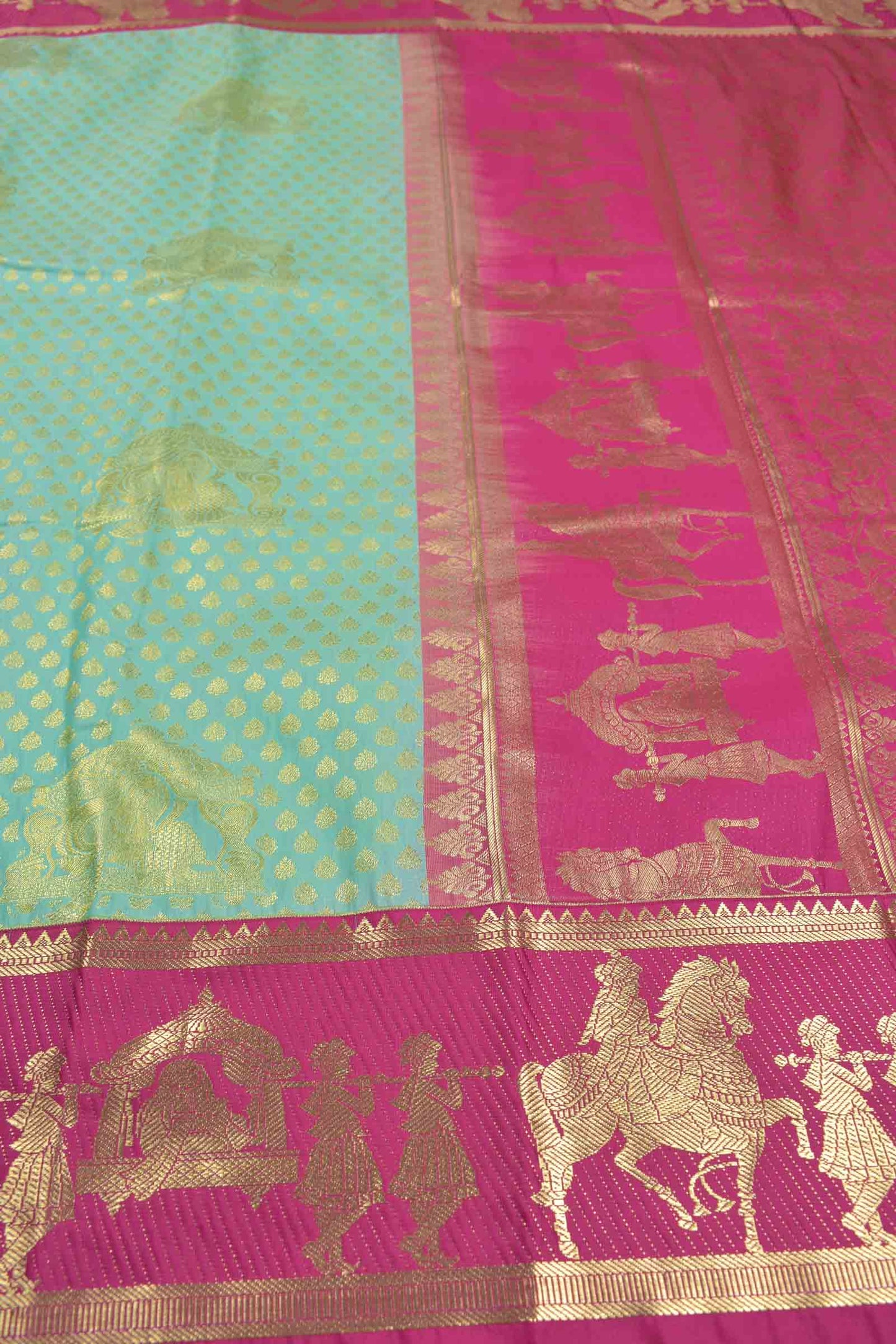 Golden Light Blue Semi Silk Contrast  Palanquin Border Pallu Saree