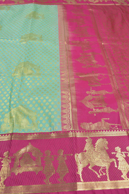 Golden Light Blue Semi Silk Contrast  Palanquin Border Pallu Saree