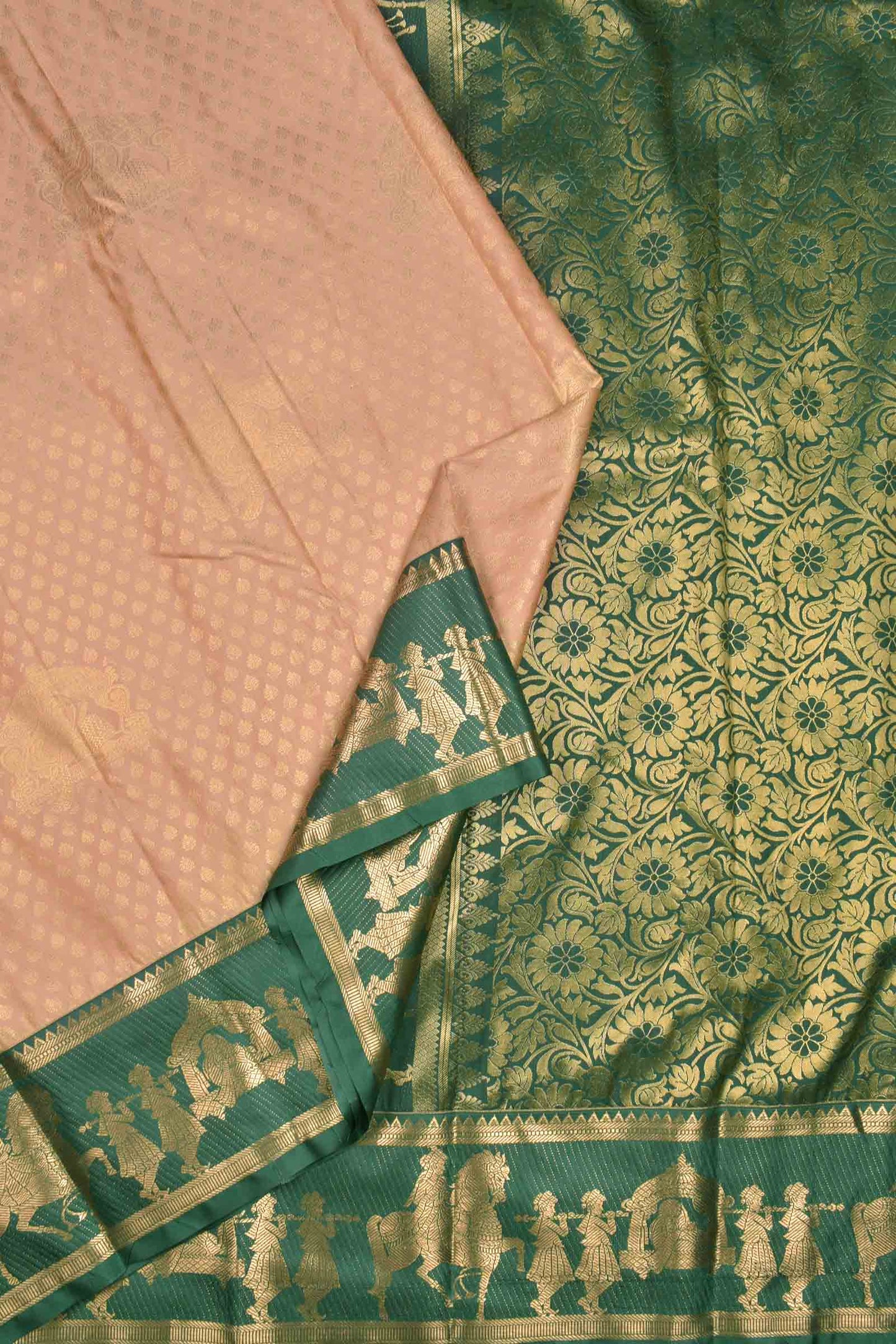 Light Pink Semi Silk Contrast Green Palanquin Border Pallu Saree