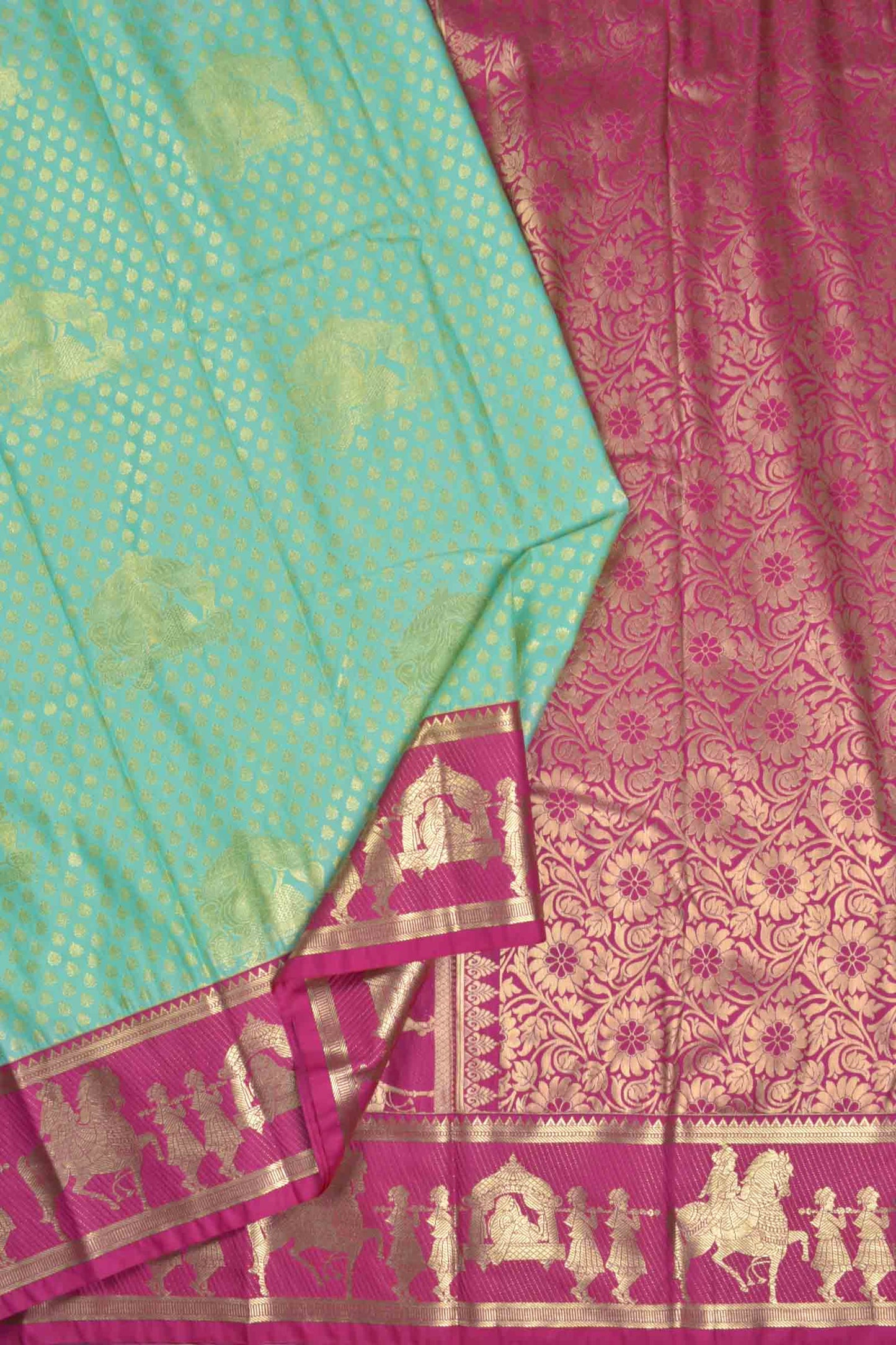 Golden Light Blue Semi Silk Contrast  Palanquin Border Pallu Saree