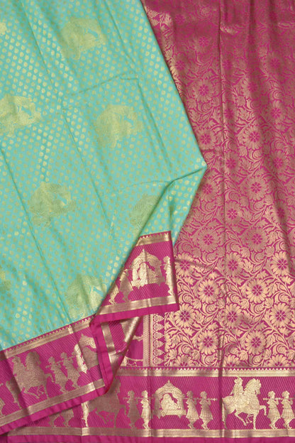 Golden Light Blue Semi Silk Contrast  Palanquin Border Pallu Saree