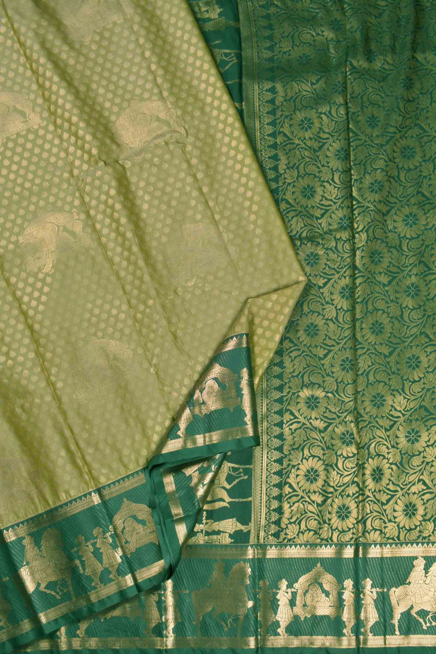 Golden Light Green Semi Silk Contrast Green Palanquin Border Saree