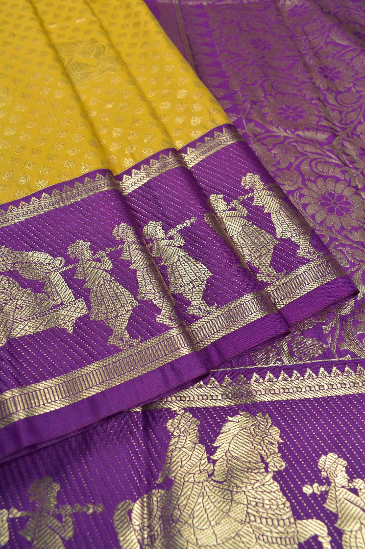 Golden Yellow Semi Silk Contrast  Palanquin Border Pallu Saree