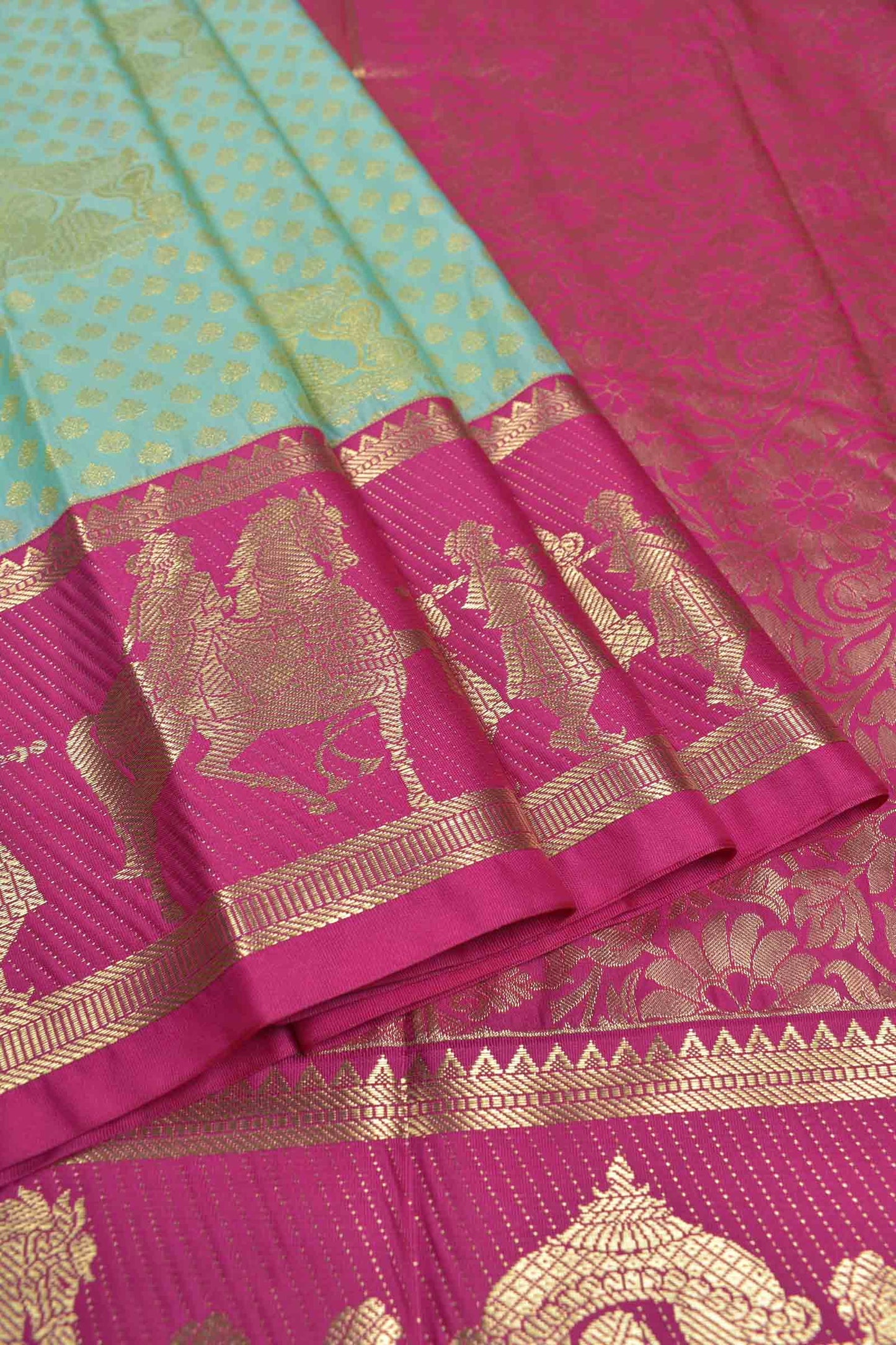 Golden Light Blue Semi Silk Contrast  Palanquin Border Pallu Saree