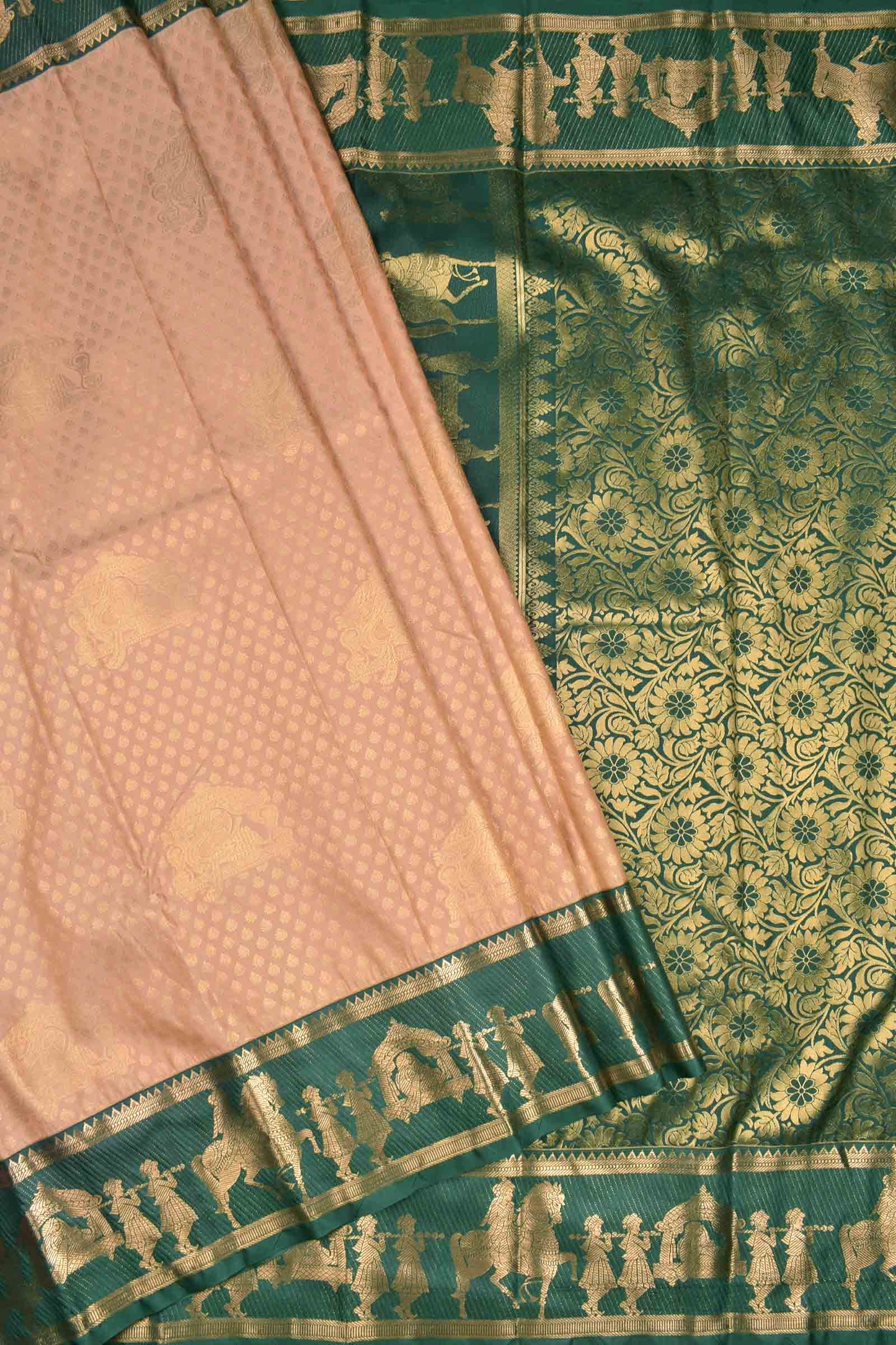 Light Pink Semi Silk Contrast Green Palanquin Border Pallu Saree