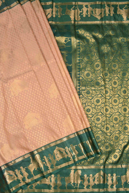 Light Pink Semi Silk Contrast Green Palanquin Border Pallu Saree