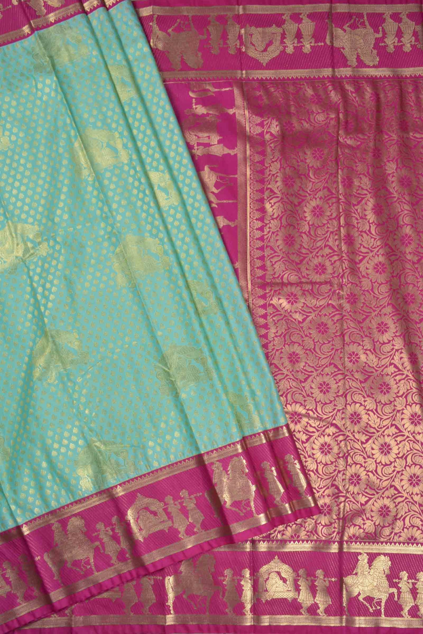 Golden Light Blue Semi Silk Contrast  Palanquin Border Pallu Saree