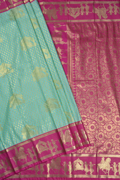 Golden Light Blue Semi Silk Contrast  Palanquin Border Pallu Saree