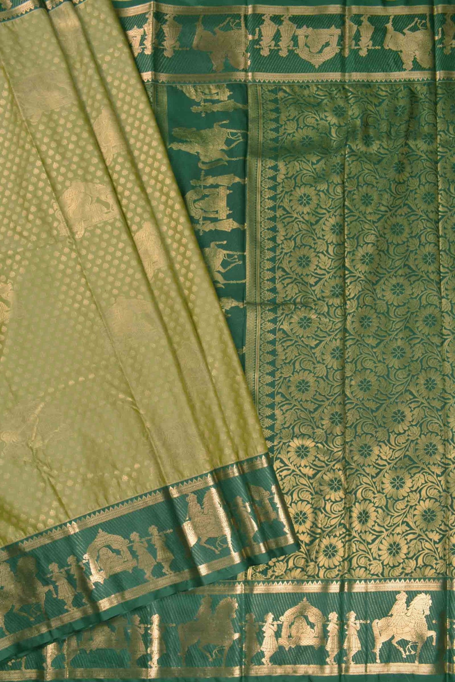 Golden Light Green Semi Silk Contrast Green Palanquin Border Saree