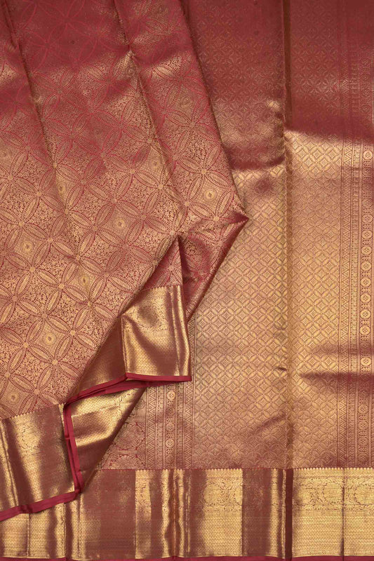 Traditional Golden Maroon Kanchipuram Bridal Pure Silk Golden Checks Zari Border Pallu Saree NAA159