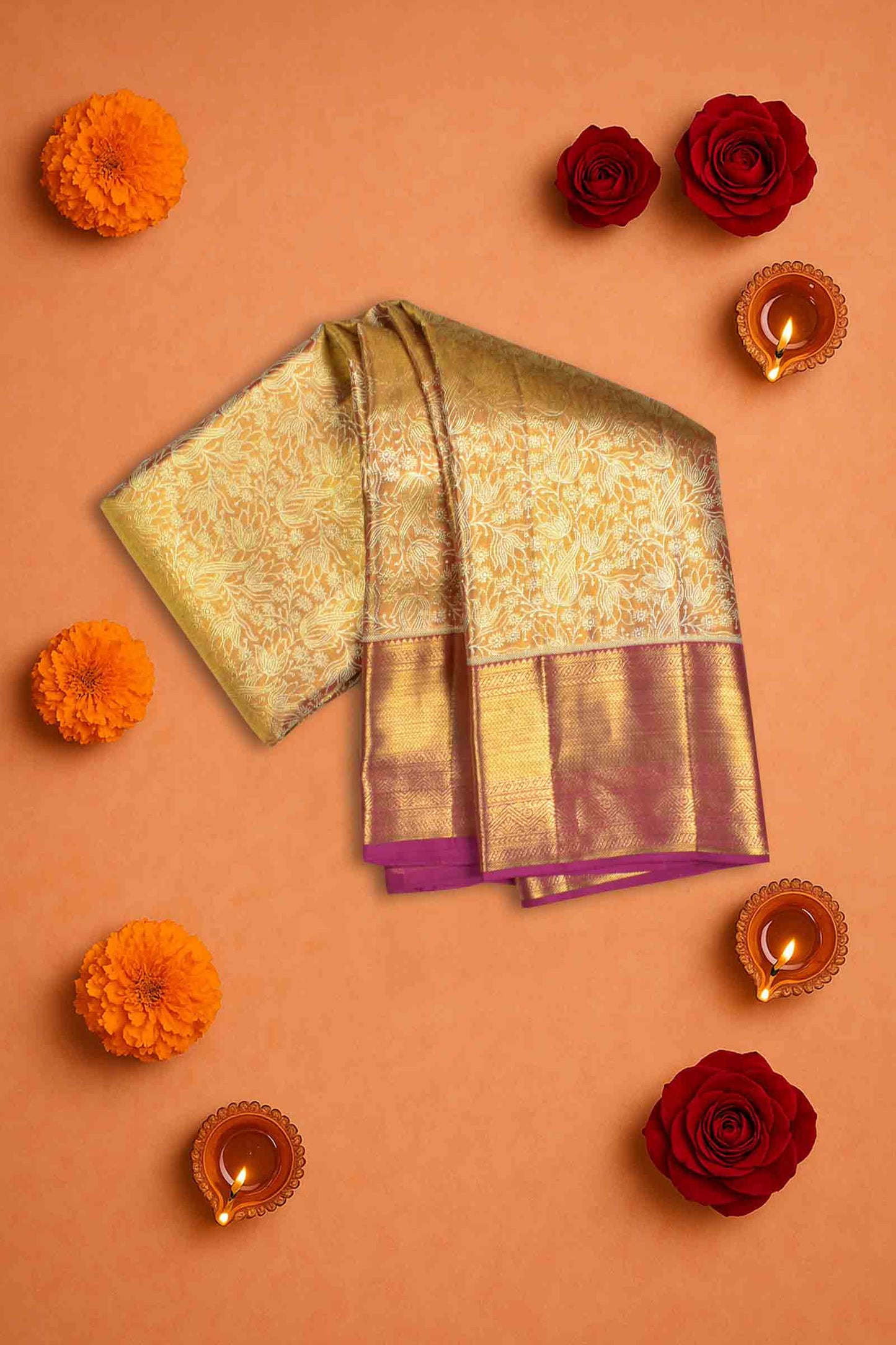 Golden Peach Kanchipuram Bridal Pure Silk Gold Flowers Body Zari Border Pallu Saree NAA215