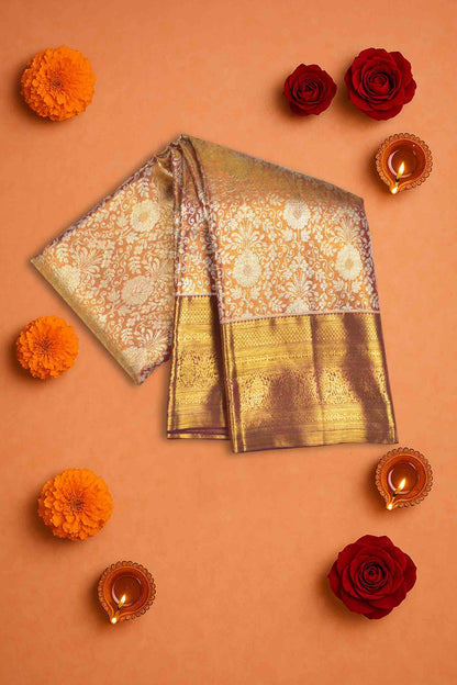 Golden Kanchipuram Bridal Pure Silk Rich Florals Maroon Zari Border Pallu Saree NAA163