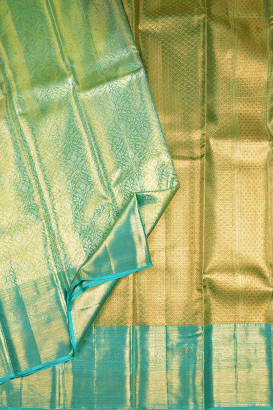 Golden Green Tissue Kanchipuram Bridal Pure Silk Rich Body Self Zari Border Saree NAA162