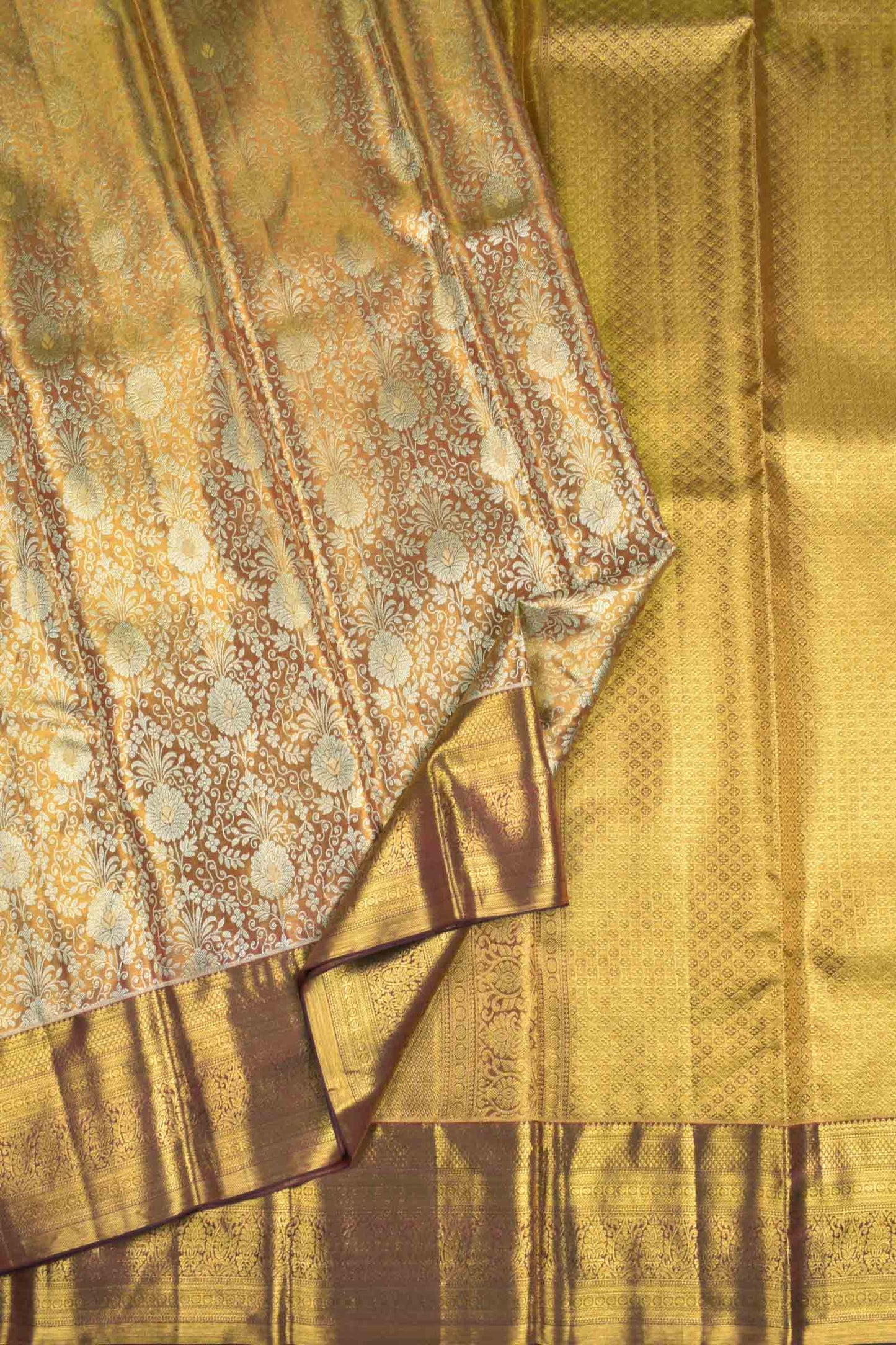 Golden Kanchipuram Bridal Pure Silk Rich Florals Maroon Zari Border Pallu Saree NAA163