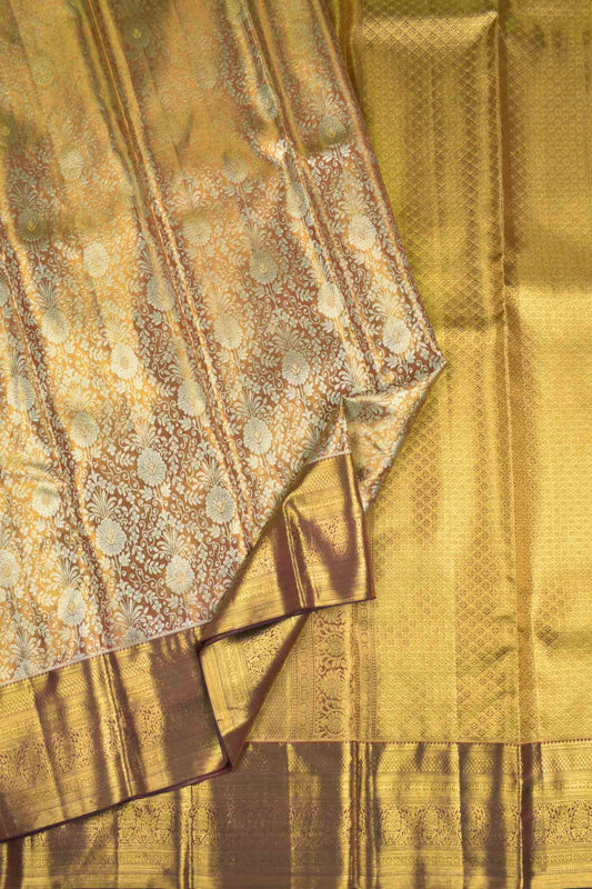 Golden Kanchipuram Bridal Pure Silk Rich Florals Maroon Zari Border Pallu Saree NAA163