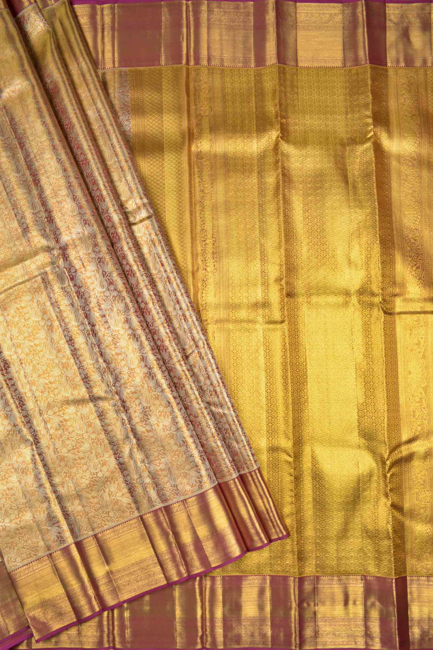 Golden Peach Kanchipuram Bridal Pure Silk Gold Flowers Body Zari Border Pallu Saree NAA215